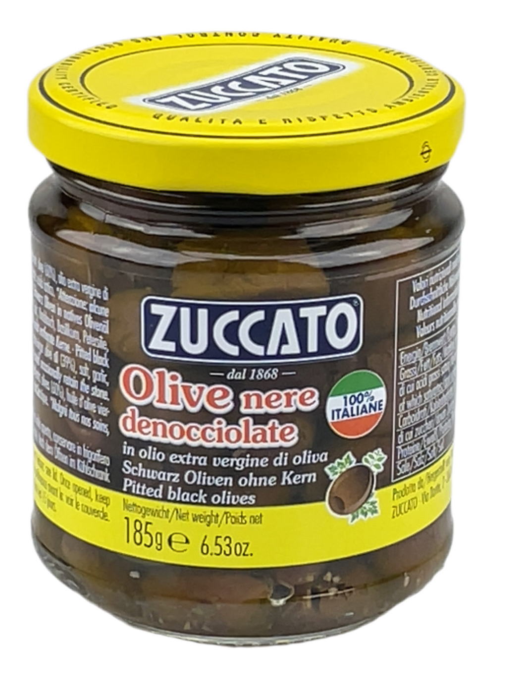 Olive nere denocciolate -ZUCCATO- Schwarze, entsteinte Oliven in Olivenöl